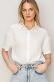 Button Down Short Sleeve Blouse - White (S)