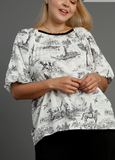 Round Neck Landscape Blouse - Black on White (L-2XL)