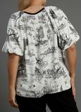 Round Neck Landscape Blouse - Black on White (L-2XL)