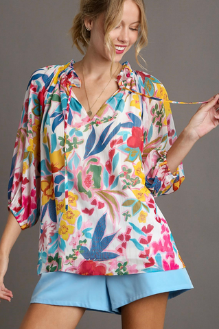 Floral 3/4 Sleeve Ruffle Neck Blouse (S-L)