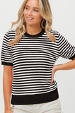 Short Sleeve Striped Knit Top - Black/Ivory (S-XL)