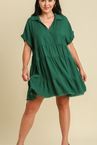 Frayed Hem Tiered Dress - Forest Green (XL, 1XL)