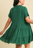 Frayed Hem Tiered Dress - Forest Green (XL, 1XL)