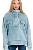 Acid Washed Half Snap Fleece Pullover - Blue Gray (S-L)