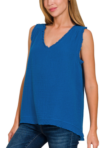 Gauze Raw Hem Sleeveless Top - White or Classic Blue (S-L)