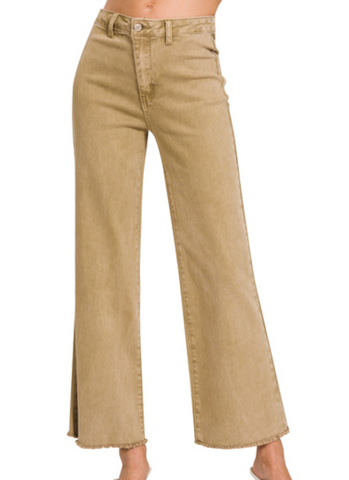 Acid Washed Cropped Wide Leg Jeans - Light Camel (S-XL)