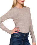 Wide Ribbed Long Sleeve Tee - Heathered Mahogany (S-L)