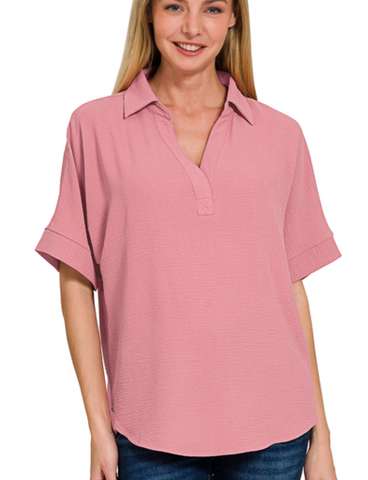 Collared Airflow Short Sleeve Shirt - Light Rose (M, XL)