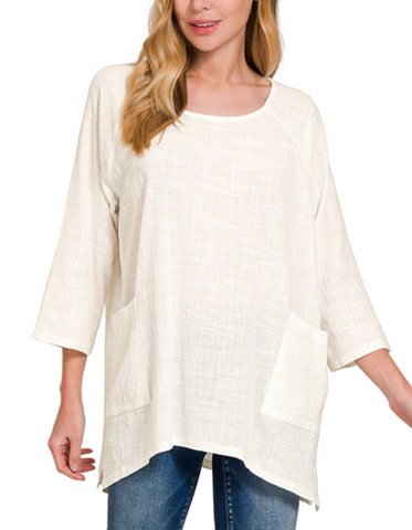 Long Gauze 3/4 Sleeve Top - Ivory (S, XL)