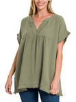V-Neck Cotton Gauze Top - Black or Light Olive (S-XL)