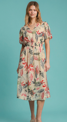 Leaf Print Midi Dress - Print on Cream (S-L)