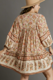 Floral A-line 3/4 Sleeve Dress - (XL-2XL)