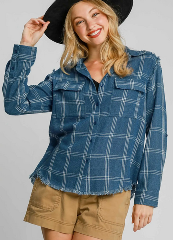 Washed Utility Shirt Jacket - Medium Blue Plaid (S-L)