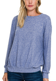 Hacci Long Sleeve Round Neck Banded Bottom Top - Charcoal or Light Navy (S-XL)