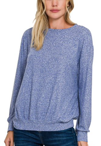 Hacci Long Sleeve Round Neck Banded Bottom Top - Light Navy (S-XL)