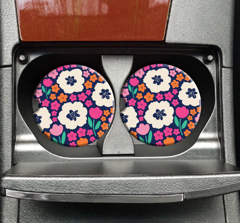 Navy Bright Flowers Car Coaters