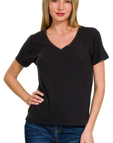 Wide Ribbed Short Sleeve V-neck - Black (S-XL)