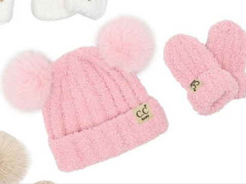 CC Baby Cozy Yarn Beanie and Mitten Set - Pink