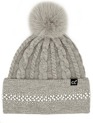 CC Pearl & Rhinestone Embellished Beanie - Gray