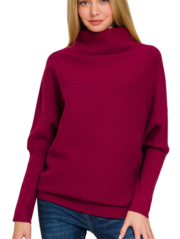 Dolman Sleeve Mock Neck Sweater - Cabernet or Ash Jade (S-L)