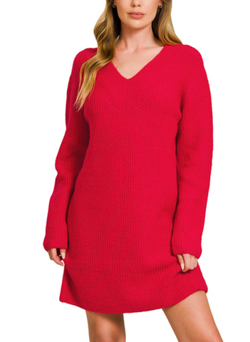 V-Neck Sweater Dress - Ruby (S-L)