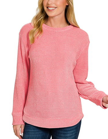 Chenille Waffle Round Neck Sweater - Morning Glory Pink (S-3X)