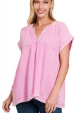 V-neck Cotton Gauze Short Sleeve Top - Candy Pink (S-XL)
