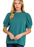 Ribbed Puff Sleeve Top - Teal (S-L)