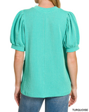 Ribbed Puff Sleeve Top - Teal (S-L)