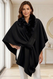 Faux Fur Collar Cape Wrap - Black or Camel