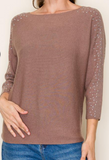 Rhinestone Boatneck 3/4 Sleeve Sweater - Mocha (S-XL)