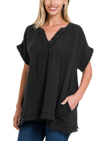 V-Neck Cotton Gauze Top - Black or Light Olive (S-XL)