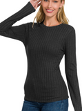 Wide Ribbed Long Sleeve Tee - Heathered Mahogany or Black (S-L)
