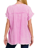 V-neck Cotton Gauze Short Sleeve Top - Candy Pink (S-XL)
