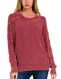 Round Neck Sweater with Cable Knit Sleeve Detail - Cabernet or Black (S-L)