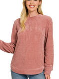 Chenille Waffle Round Neck Sweater - Winter Rose or Morning Glory Pink (S-XL, 2X, 3X)