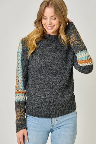 Mock Neck Fair Isle Cuff Sweater - Charcoal (S-L)