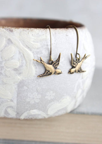 Flying Bird Earrings - Antiqued Brass or Silver