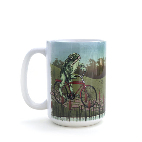 Frog On a Bike Ceramic Mugs