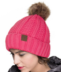 CC Knitted Beanie with Fleece Lining and Pom