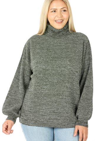 Turtleneck Melange Sweater - Dark Olive - Plus (2X)