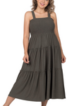 Smocked Tiered Sleeveless Midi Dress - Plus - Ash Gray